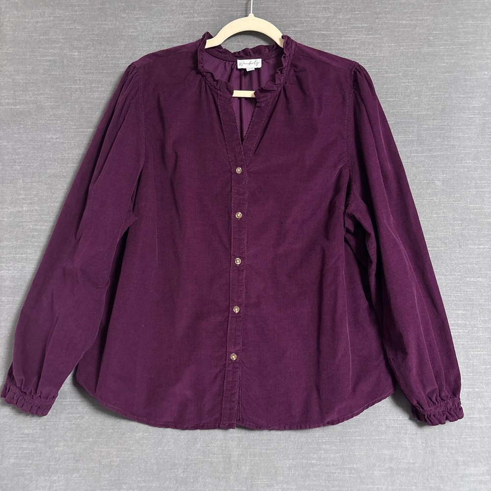 Wonderly Top XXL Purple Cotton Corduroy Ruffle Collar Button Long Sleeve Fall